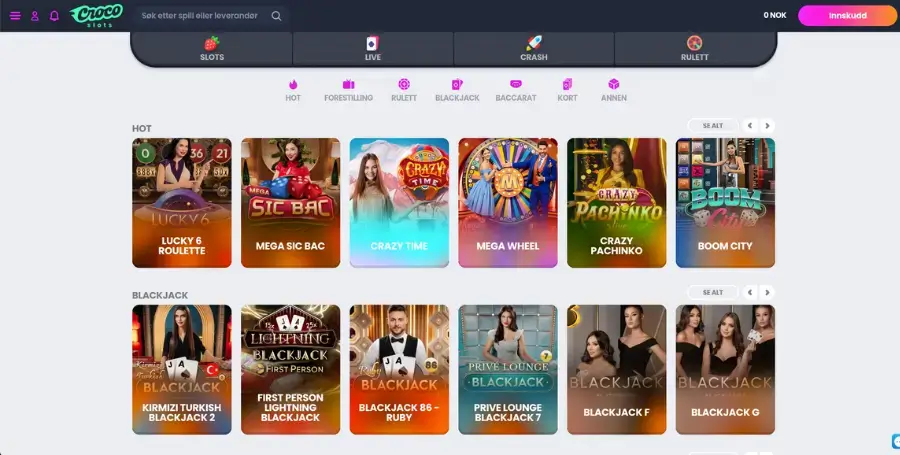 CrocoSlots live casino utvalg