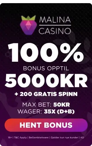 Malina casino bonuspanel som viser velkomsttilbudet