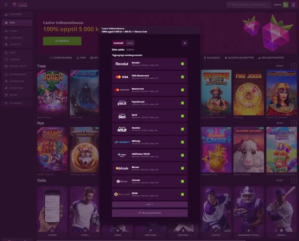 Gjennomfør ditt første innskudd hos Malina casino