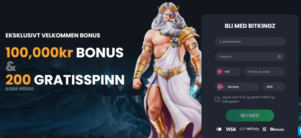 registrerer deg hos Bitkingz via Kongebonus og sikre bonusen.
