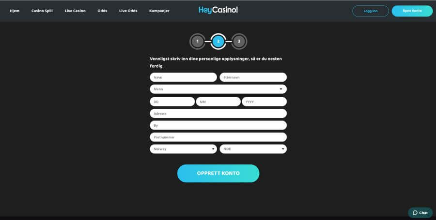 Registrering av spillekonto hos HeyCasino