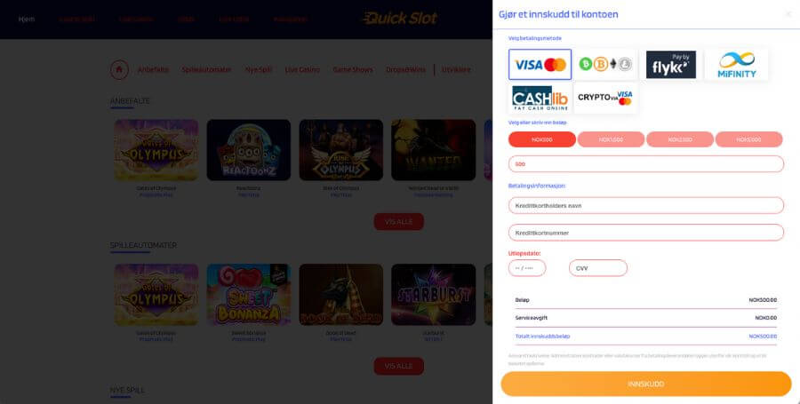 Velg innskuddsmetode hos QuickSlot