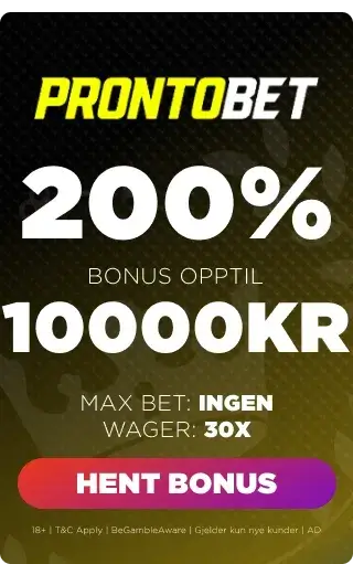 Prontobet casino bonuspanel som viser velkomsttilbudet