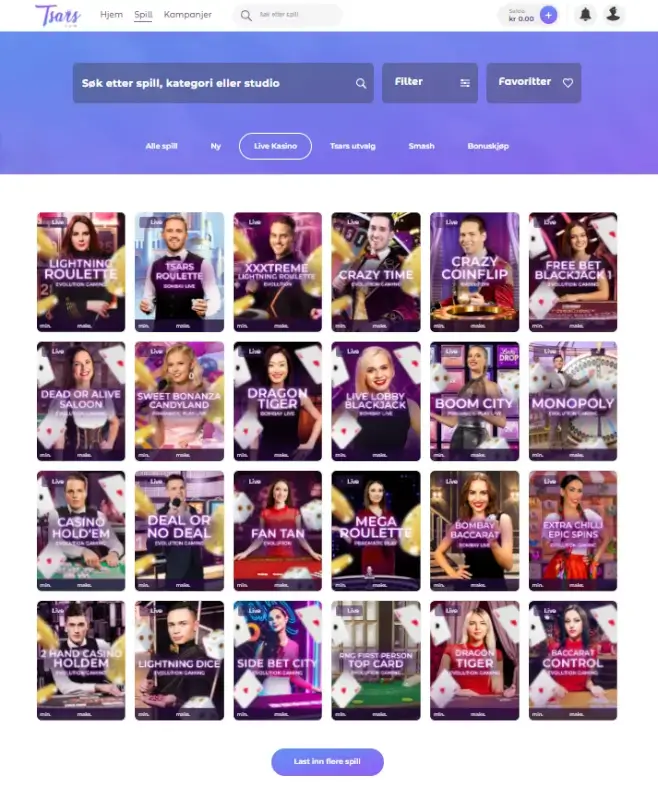 Live Casino er populært på Tsars Casino. Menyen gir deg enkle sorteringsalternativer.