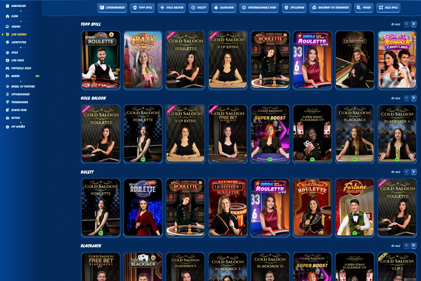 Utvalget av live casinospill hos SG Casino