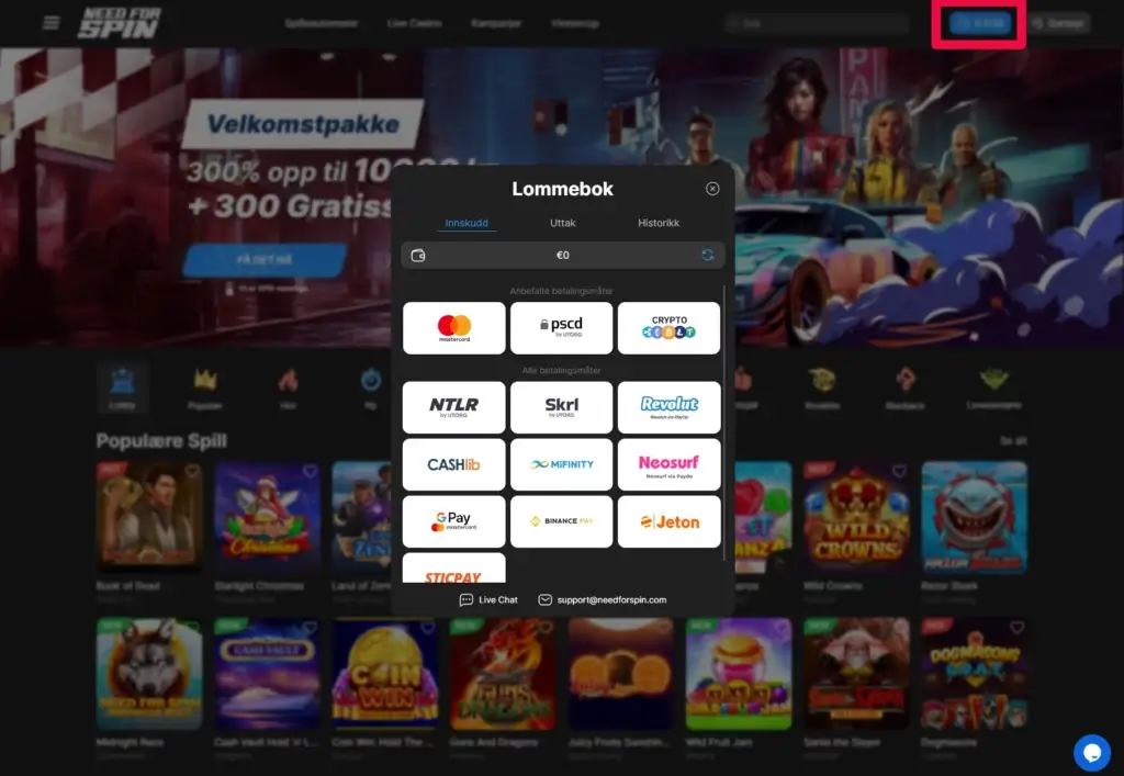 Gjør ditt første innskudd hos Need for spin Casino.
