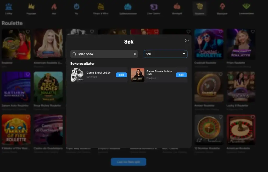 Need For Spin Casino Game Show Lobby