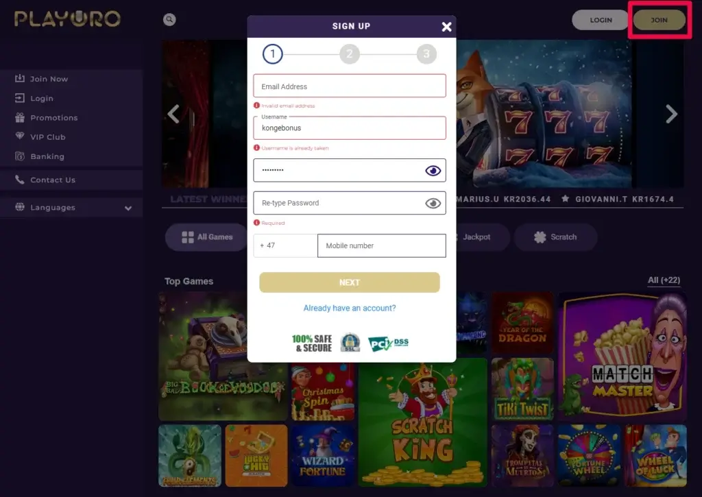 Playoro Casino Registrer Spillekonto