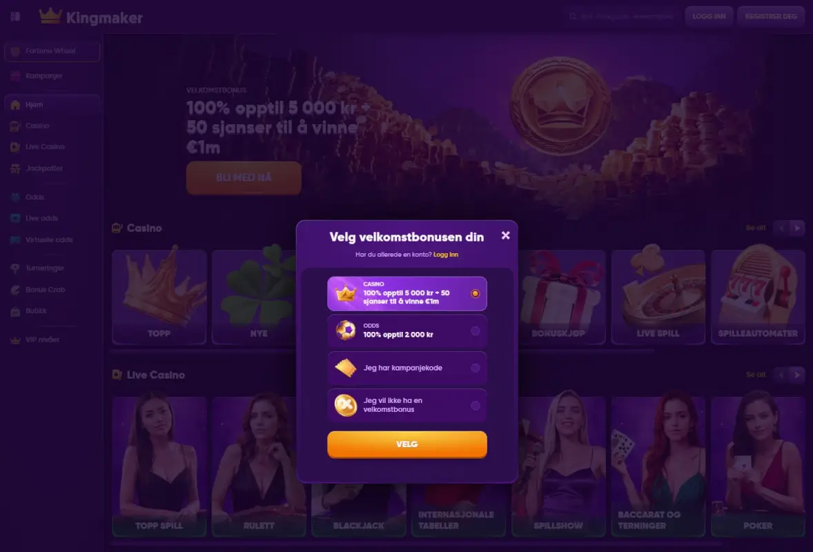 Kingmaker Velg Velkomstbonus