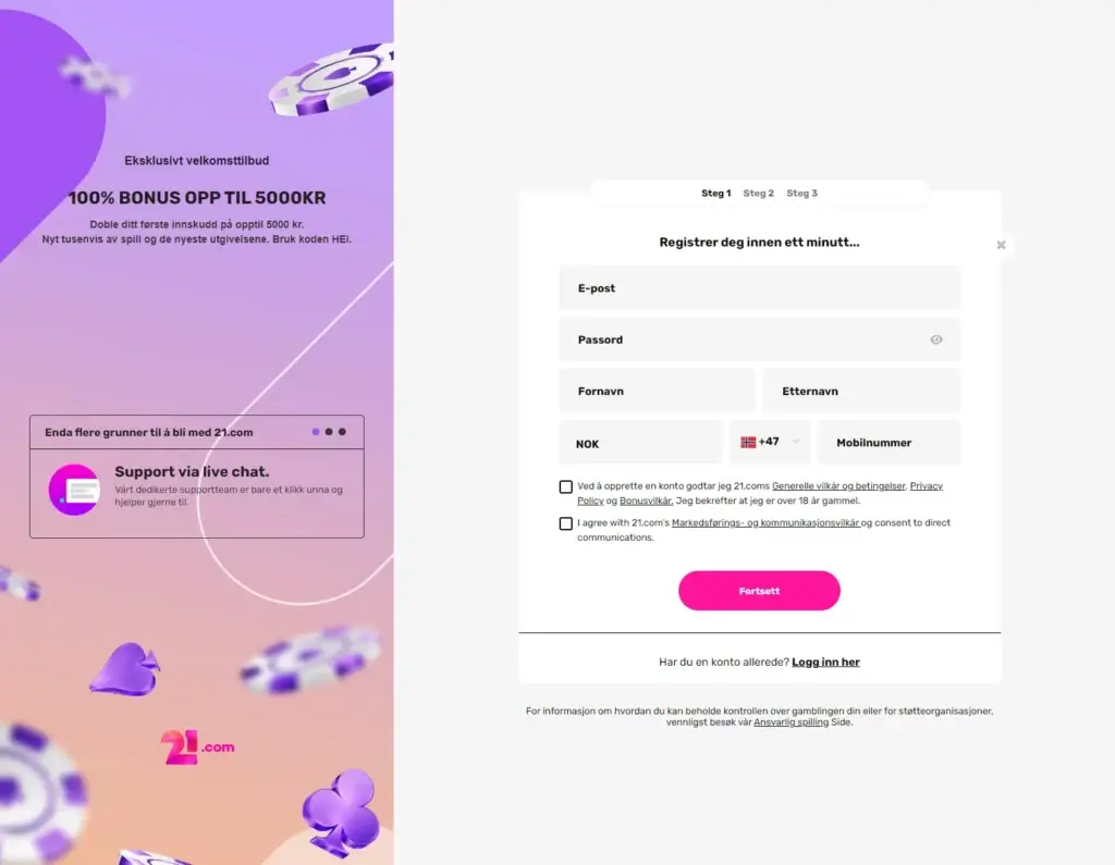 Registrering din nye konto hos 21.com