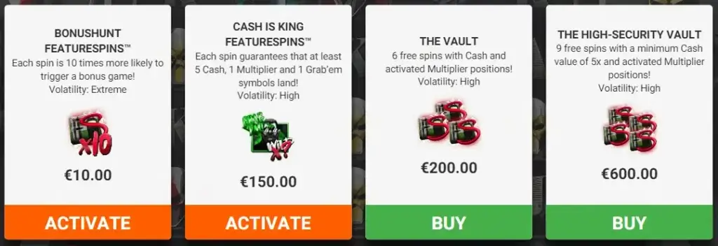 Meny for kjøp av funksjoner og bonuser på cash crew
