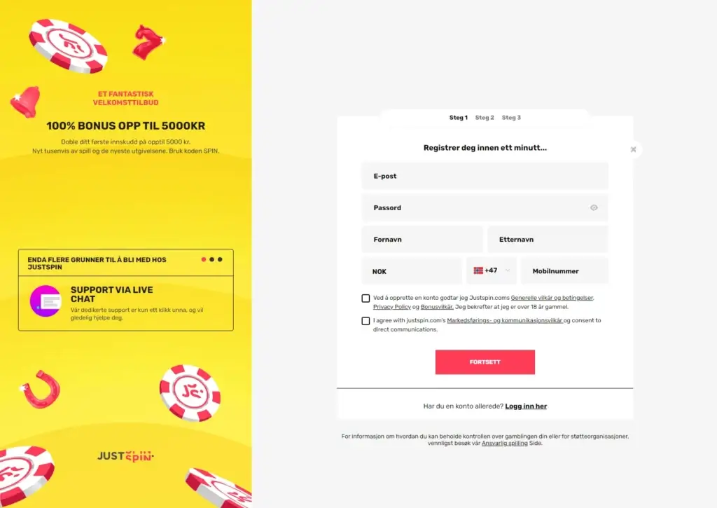 Justspin Casino Registrer Konto