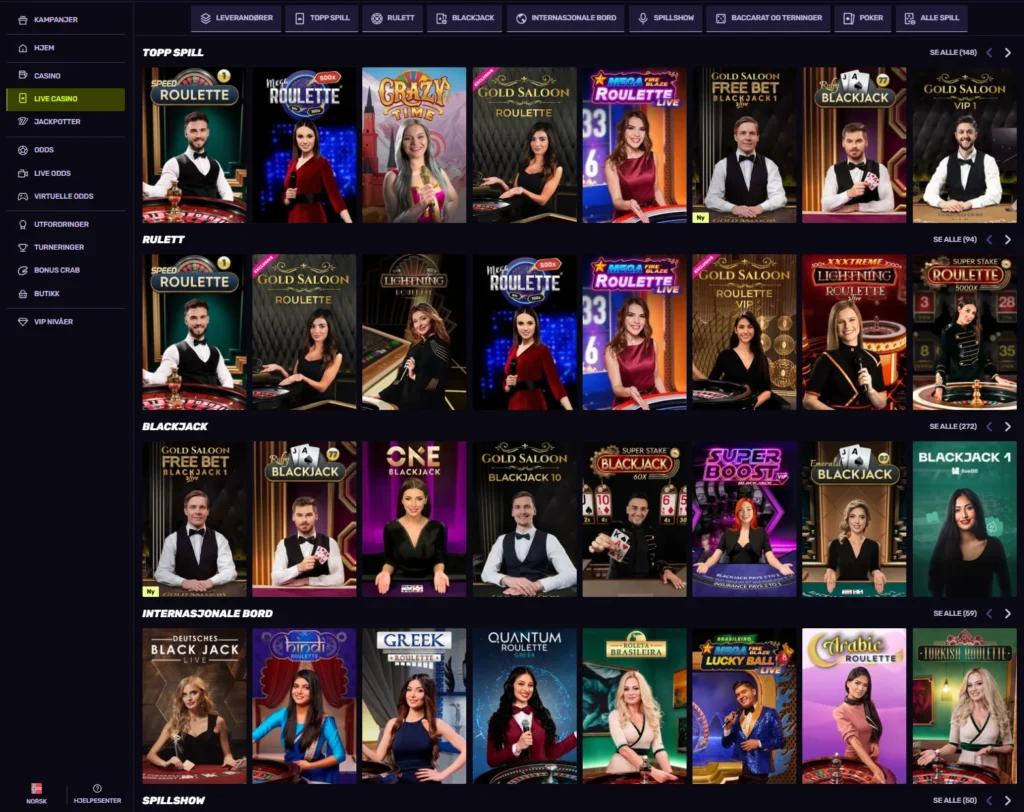 Live Casinospill hos Sportuna | Blackjack, Roulette, Baccarat, poker og Game Shows