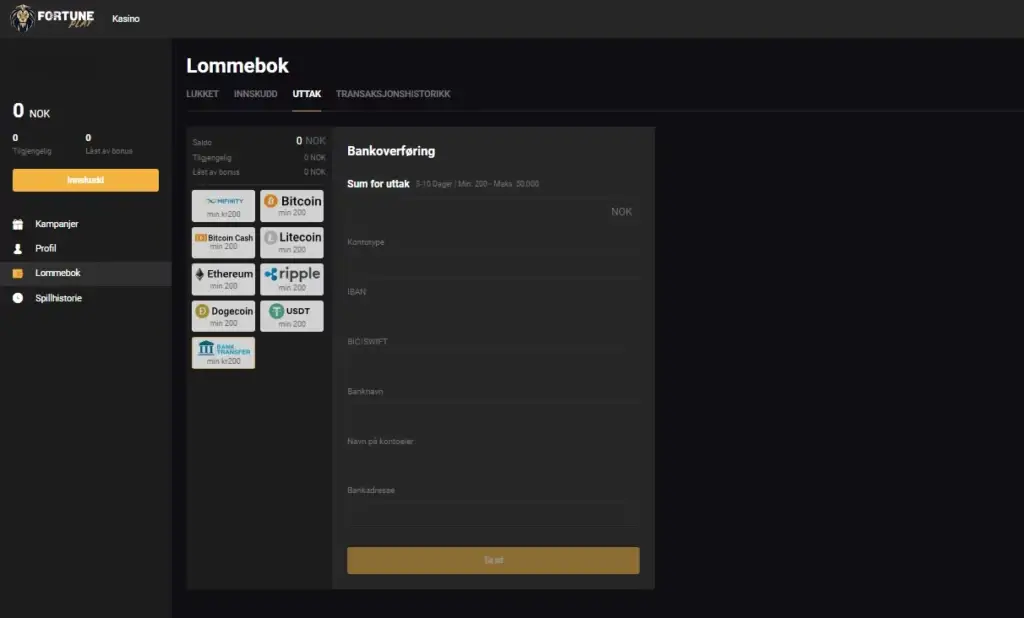 Velg din uttaksmetode hos Fortune Play, bør være av samme art som din innskuddsmetode.
