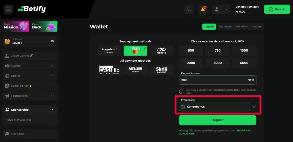 Gjør ditt første innskudd hos Betify