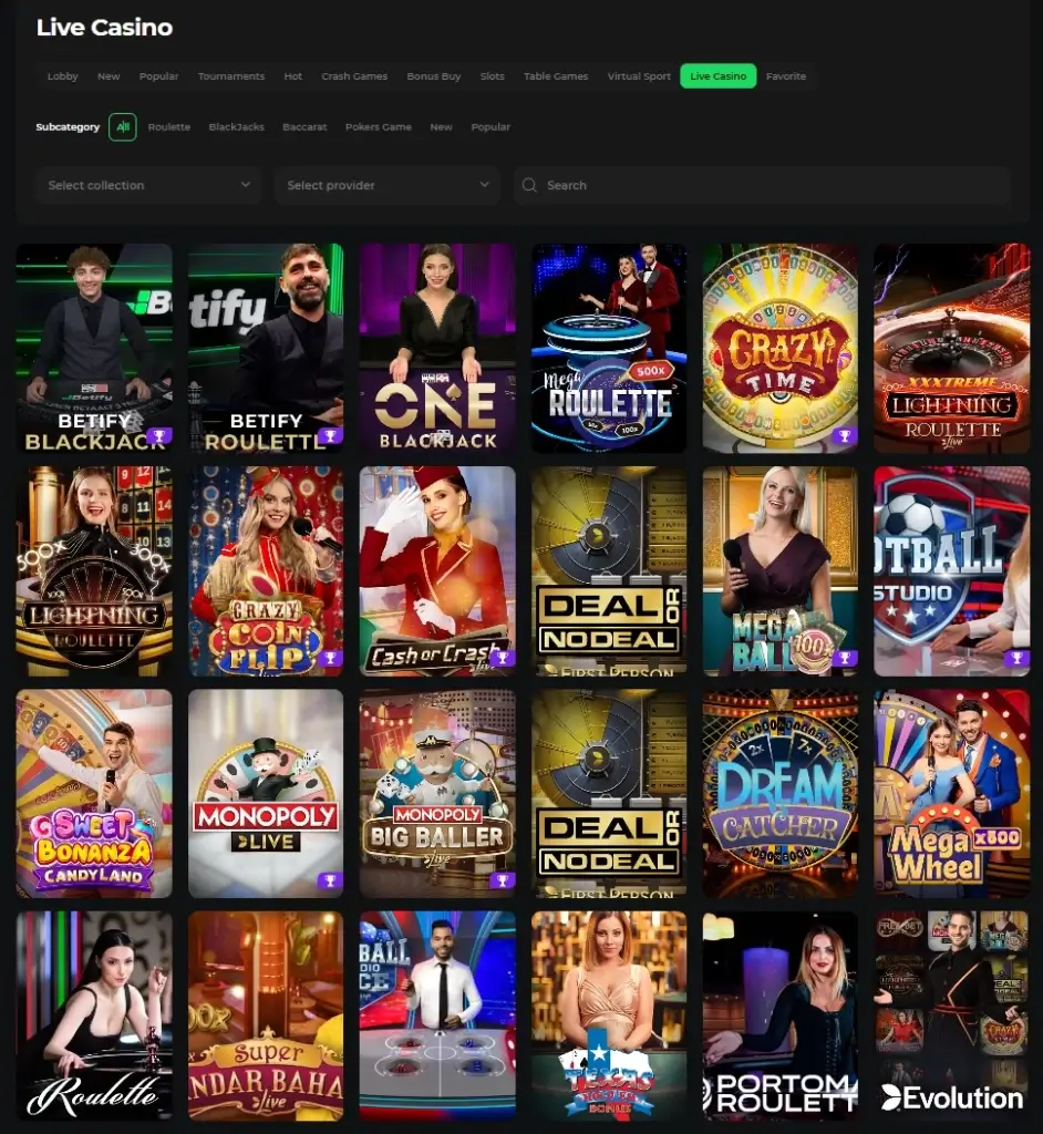 Betify Spillutvalg Live Casino