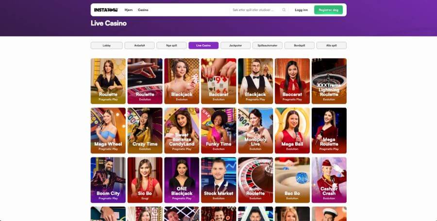 Instaspin live casino utvalg