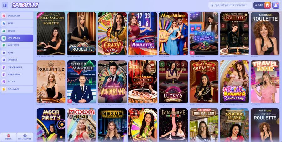 Spinrollz live casino utvalg