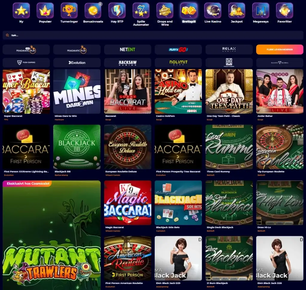 Hos Cosmicslots finnes de fleste typer bordspill som roulette, blackjack, poker og baccarat under kategorien "Brettspill".