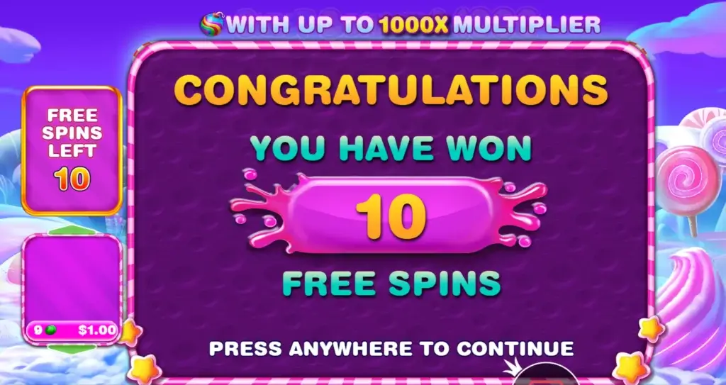 gratulerer, du har vunnet 10 gratisspinn på sweet bonanza 1000