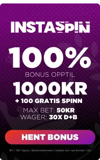 instaspin casino bonuspanel som viser velkomstbonus med prosent, omsetningskrav, max bet og høyest oppnåelig bonus.