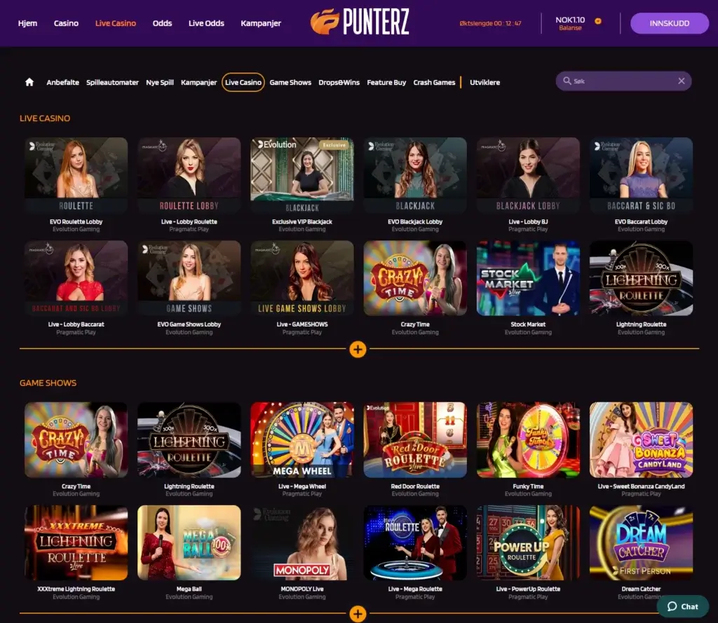 Punterz Casino Spillutvalg Live Casino