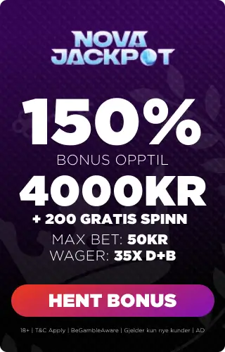 Novajackpot casino bonuspanel som viser velkomstbonus med prosent, omsetningskrav, max bet og høyest oppnåelig bonus.