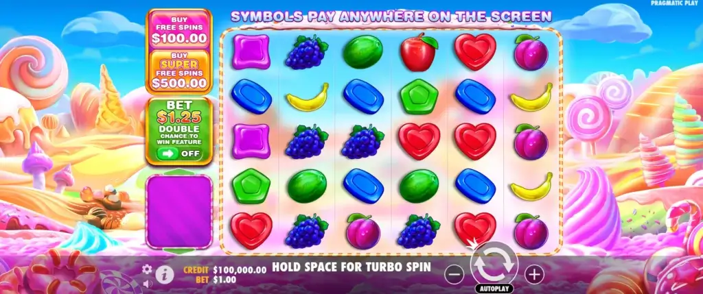 grunnspillet i sweet bonanza 1000 med fantasifull bakgrunn