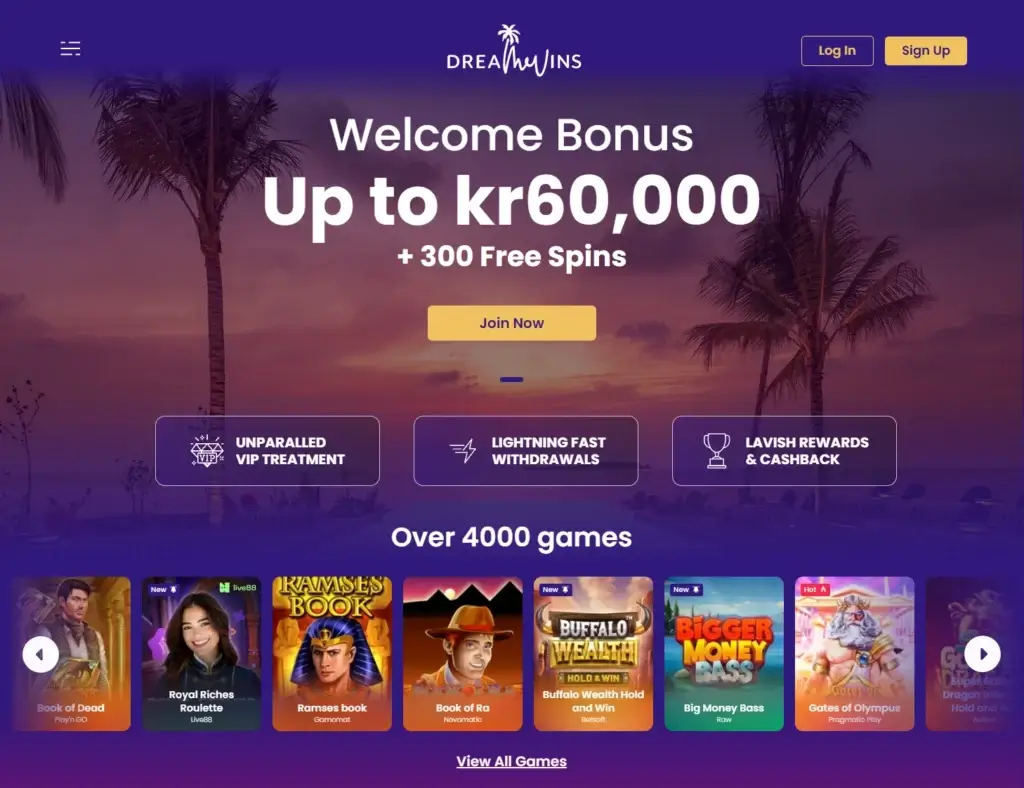 DreamWins casinoforside. Nytt casino høsten 2024