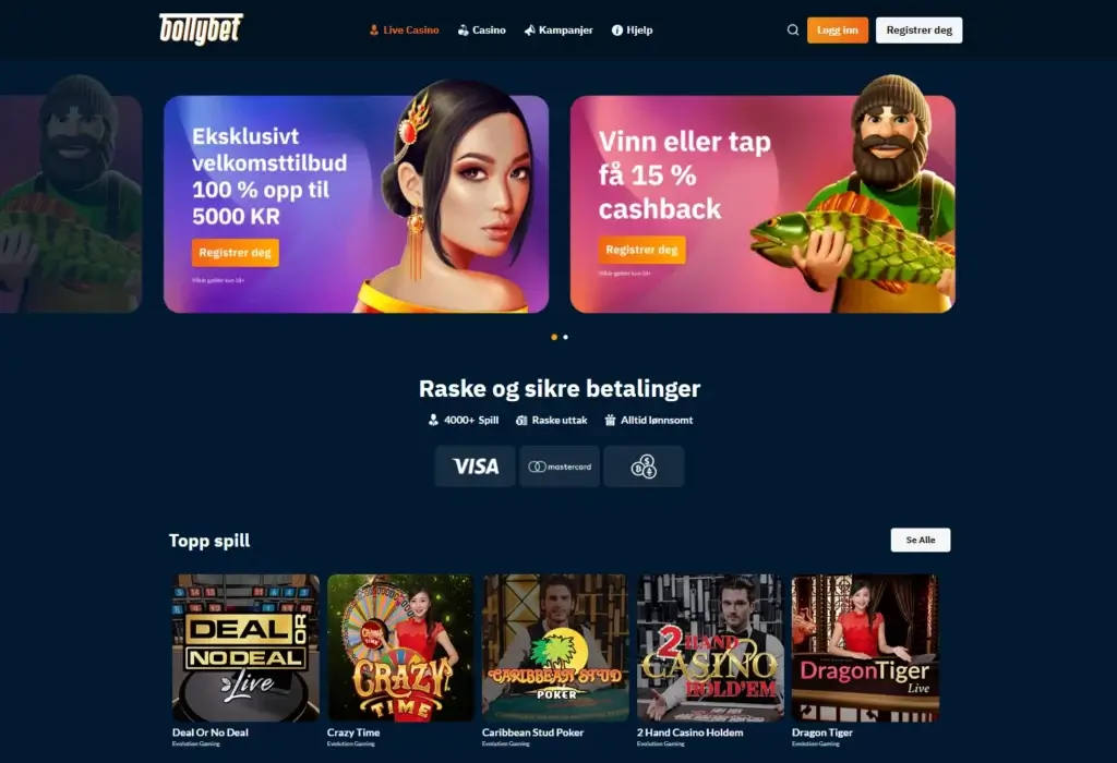Bollybet casino fremside med velkomsttilbud