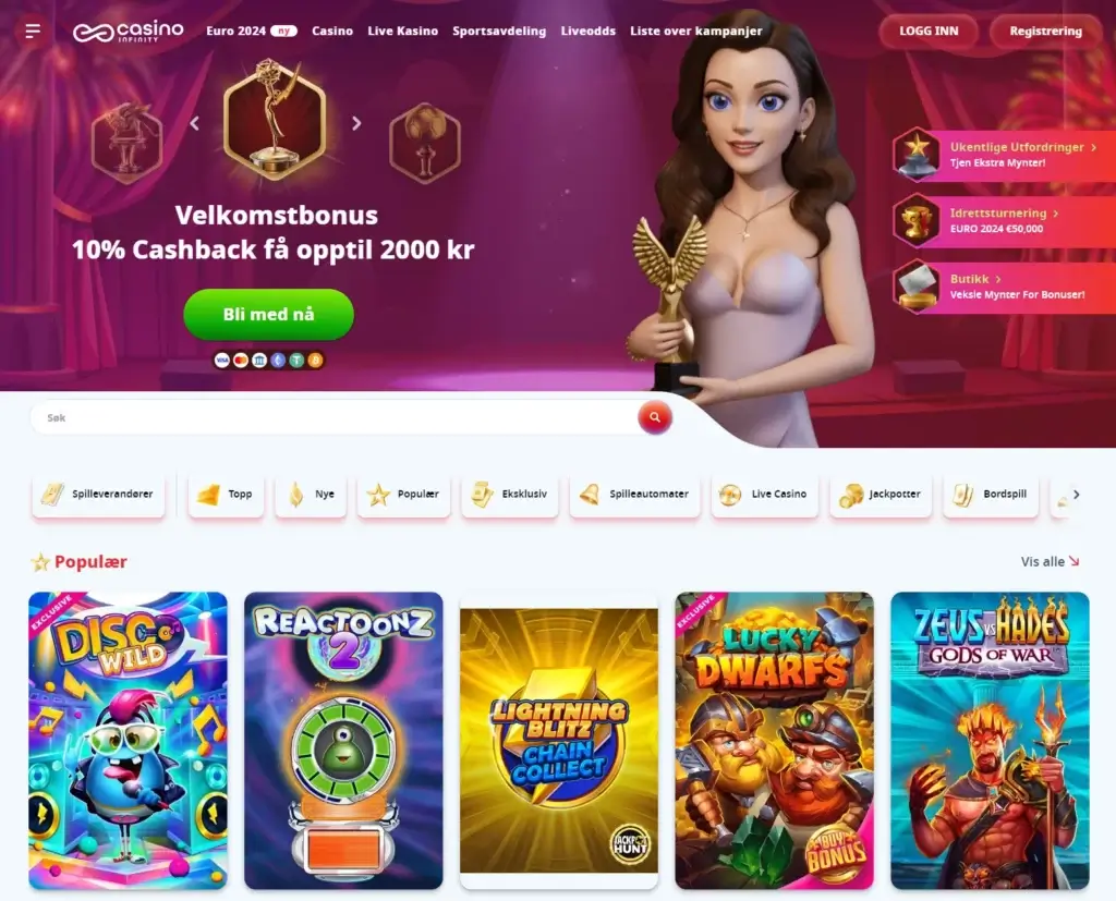 Besøk Casino Infinity sin hovedside
