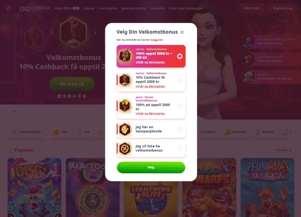 velkomstbonus under registrering av ny konto hos Casino Infinity.