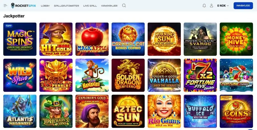 Jackpotspillene som tilbys hos Rocket Spin