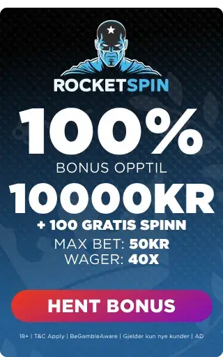 Rocket Spin bonuspanel som viser velkomsttilbudet