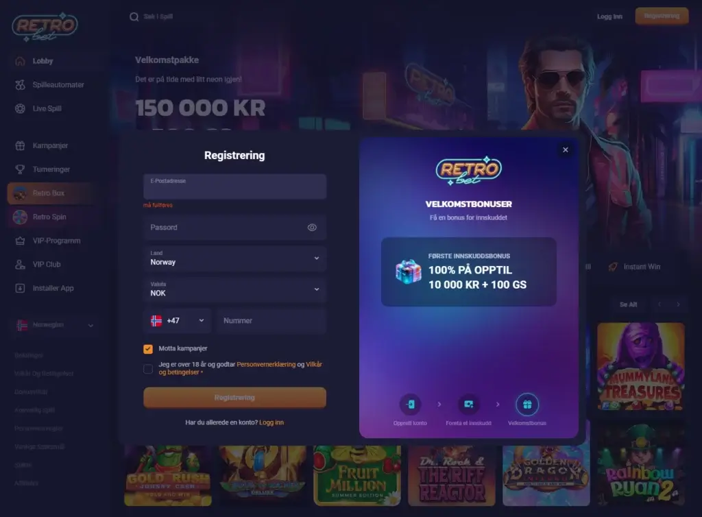 registrer konto hos Retrobet casino