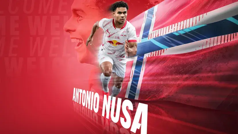 Antonio Nusa med norsk flagg og RB Leipzig drakt i sin presentasjon