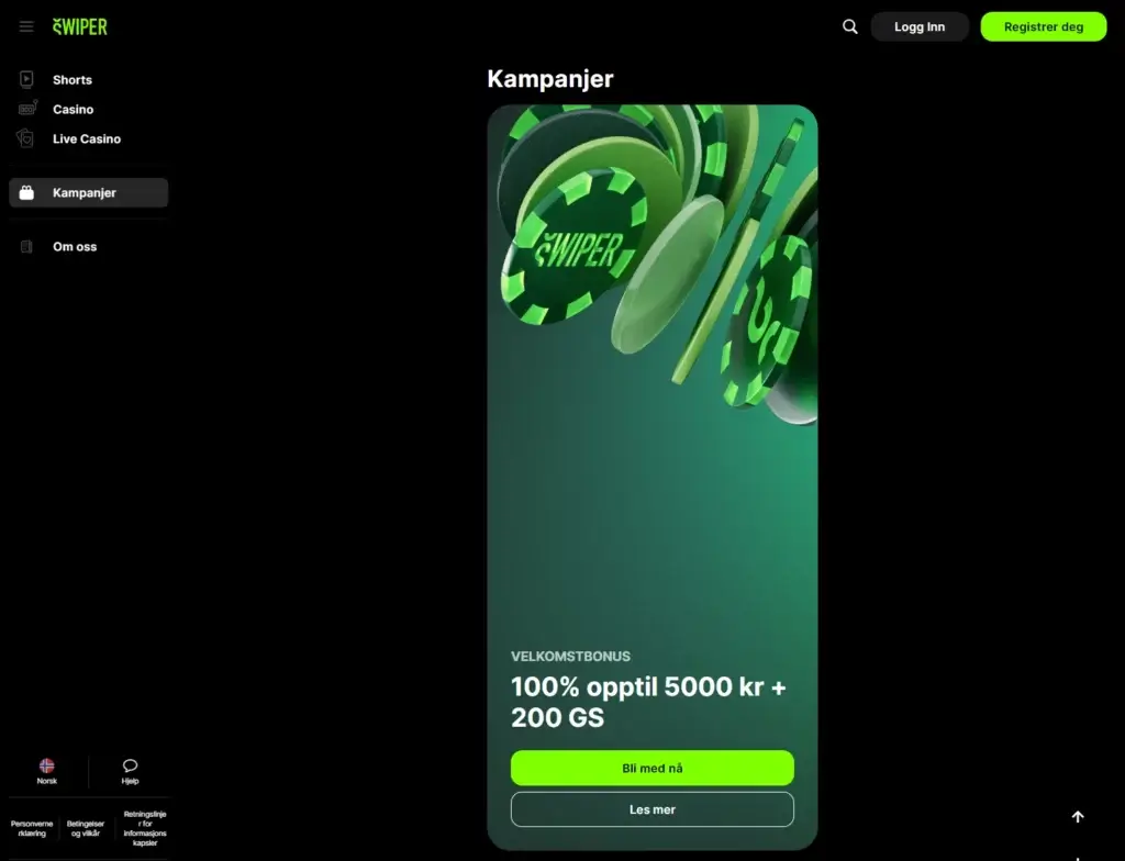 Swiper casinoforside. Nytt casino høsten 2024