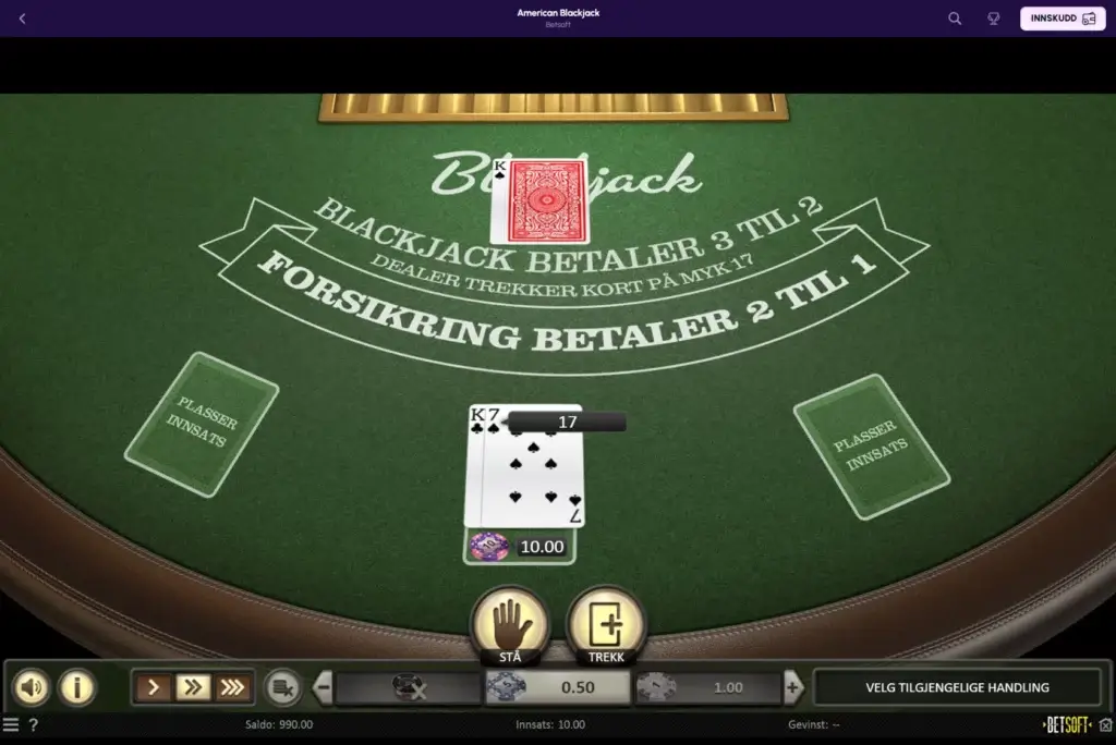Amerikansk blackjack med regler på soft 17 og forsikring