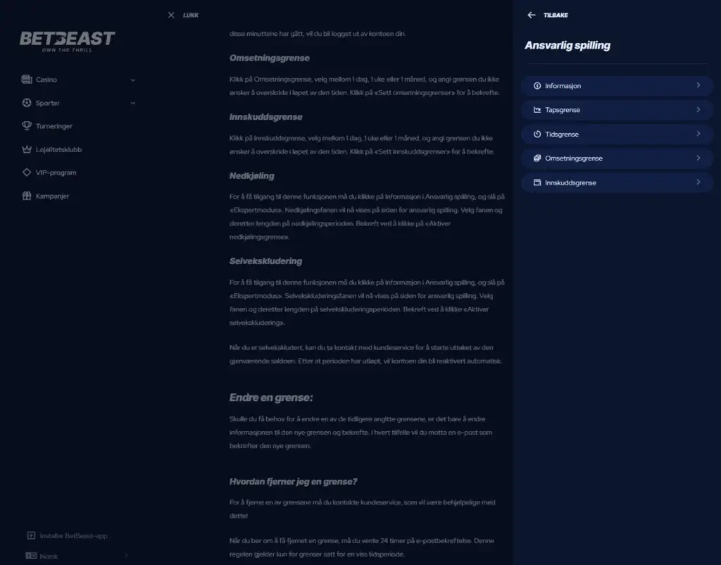 Betbeast Casino Ansvarlig Spilling