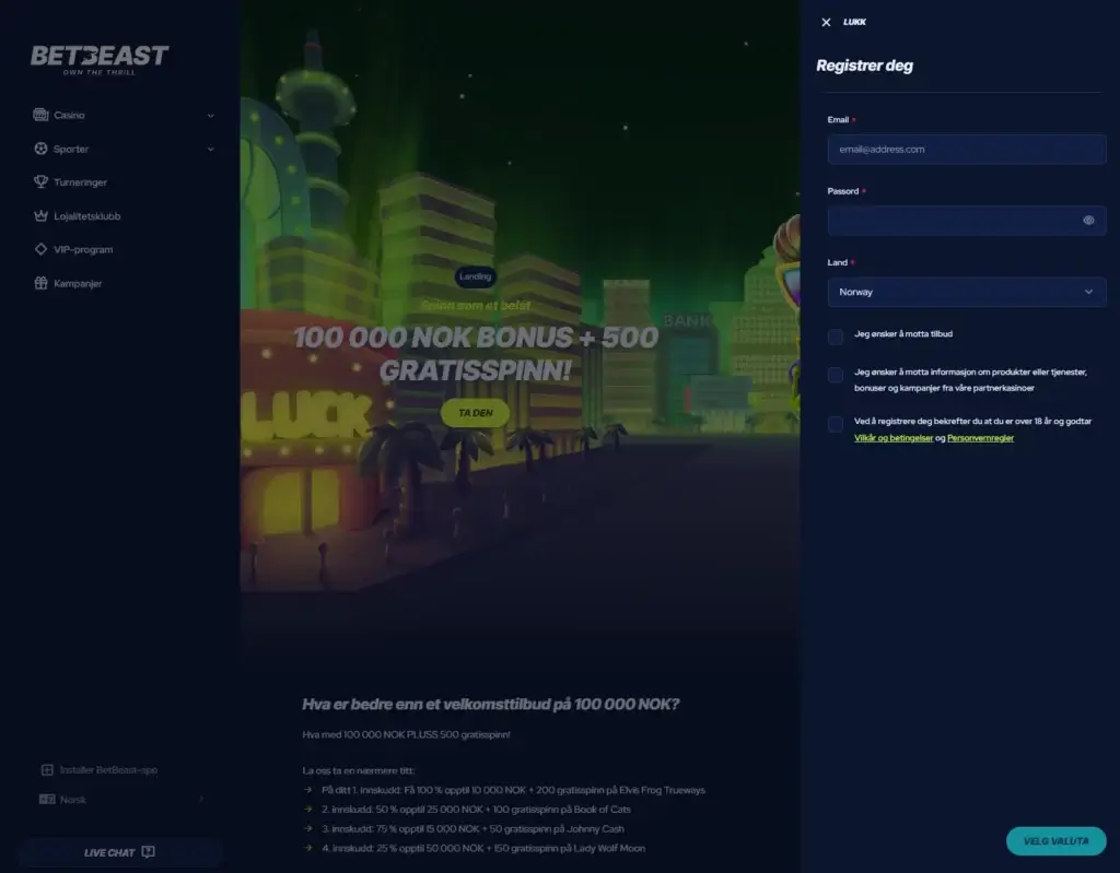 Registrer spillekonto hos Betbeast og få en eksklusiv velkosmtbonus, kun hos Kongebonus.
