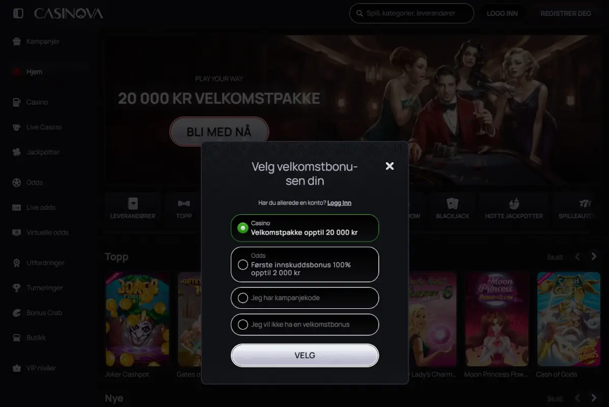 Casinova Registrer Konto Velg Bonus
