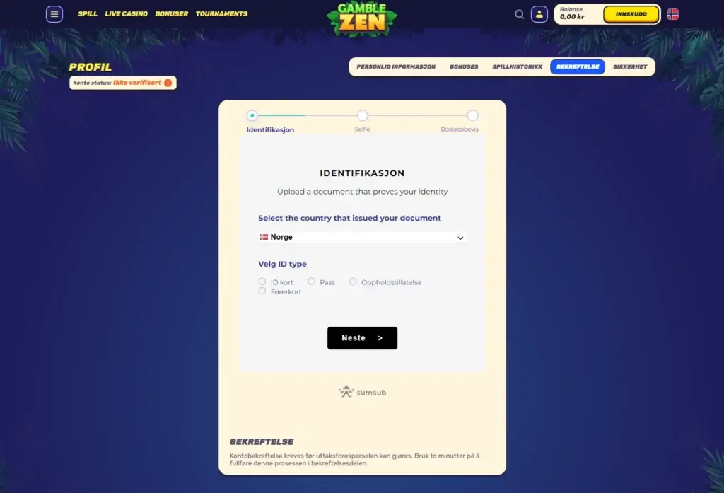 Slik verifiserer du konto før uttak hos GambleZen