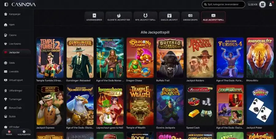 Jackpotspillene som tilbys hos Casinova