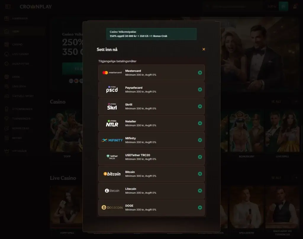 Gjør ditt første innskudd hos CrownPlay
