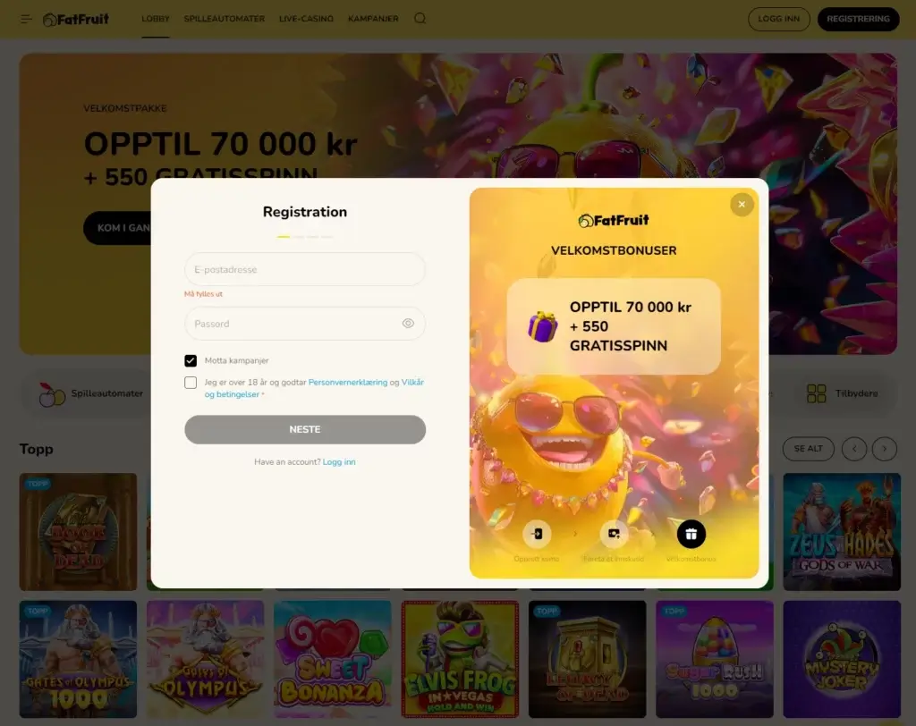 Slik aktiverer du velkomstbonusen hos FatFruit. Registrer ny spillekonto