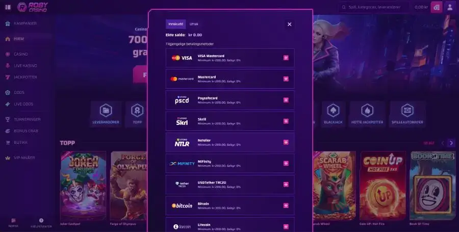Innskudd hos Robycasino