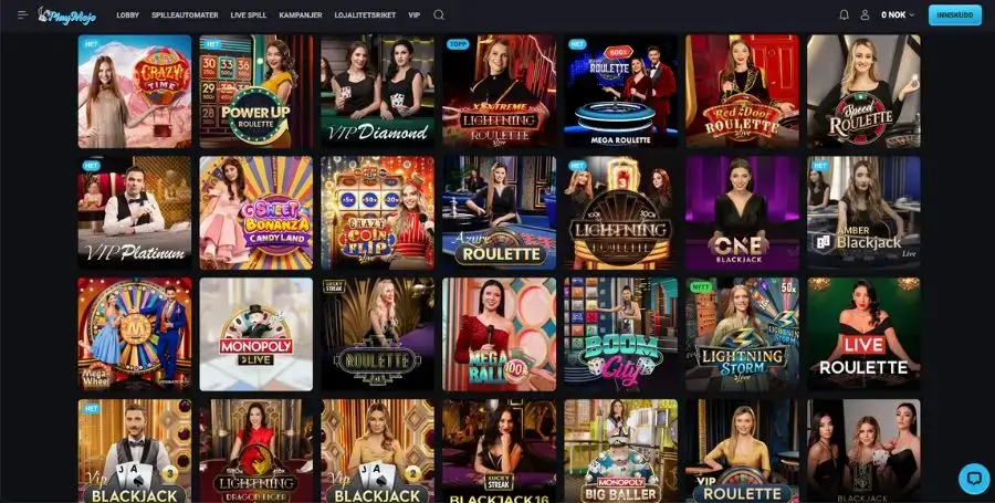 PlayMojo live casino utvalg