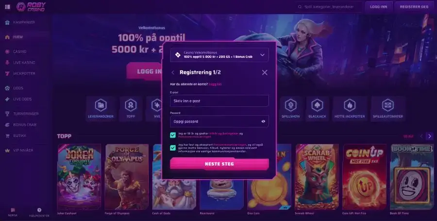 Registrering hos Robycasino