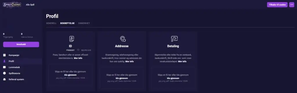 Verifisering For Uttak Spirit Casino