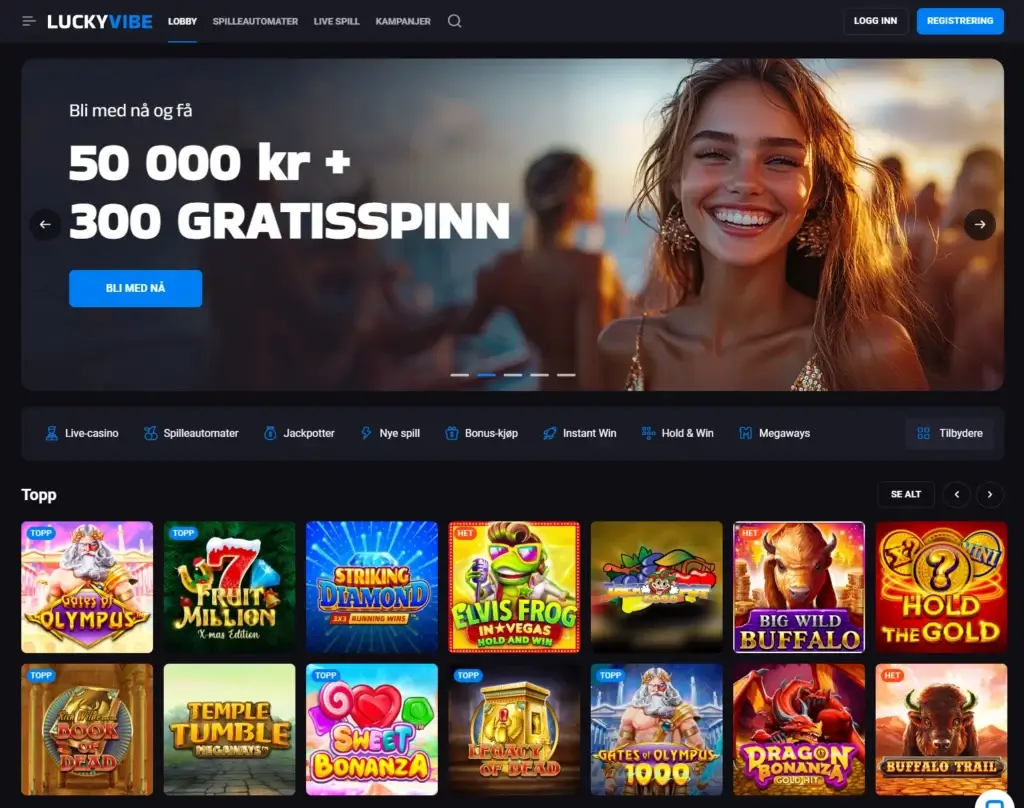 Slik aktiverer du velkomstbonusen hos LuckyVibe. Aller først, besøk LuckyVibe sin hovedside